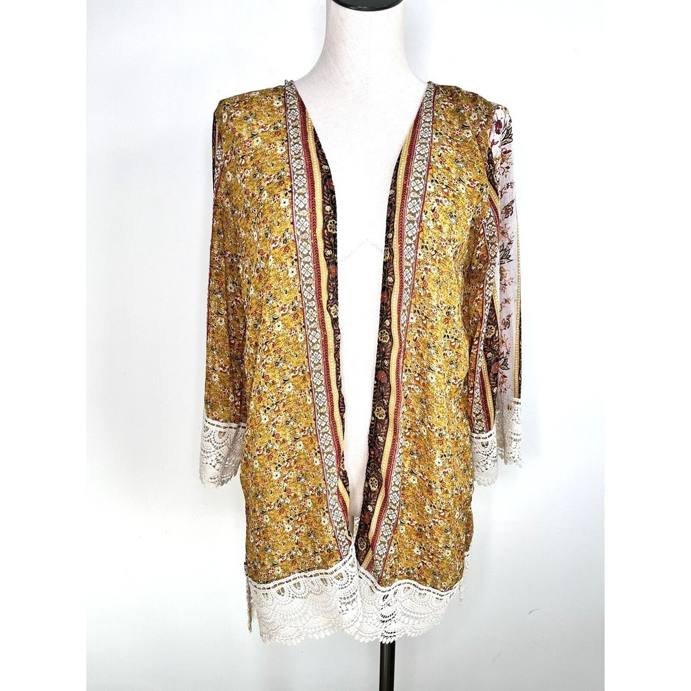 Rewind Womens Cardigan
Summer Kimono Size Medium Sheer Open Cover Up Lace Trim